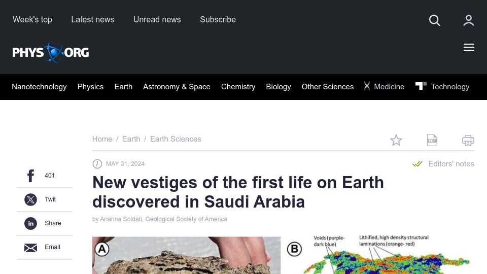 Screenshot of phys.org: New vestiges of the first life on Earth discovered