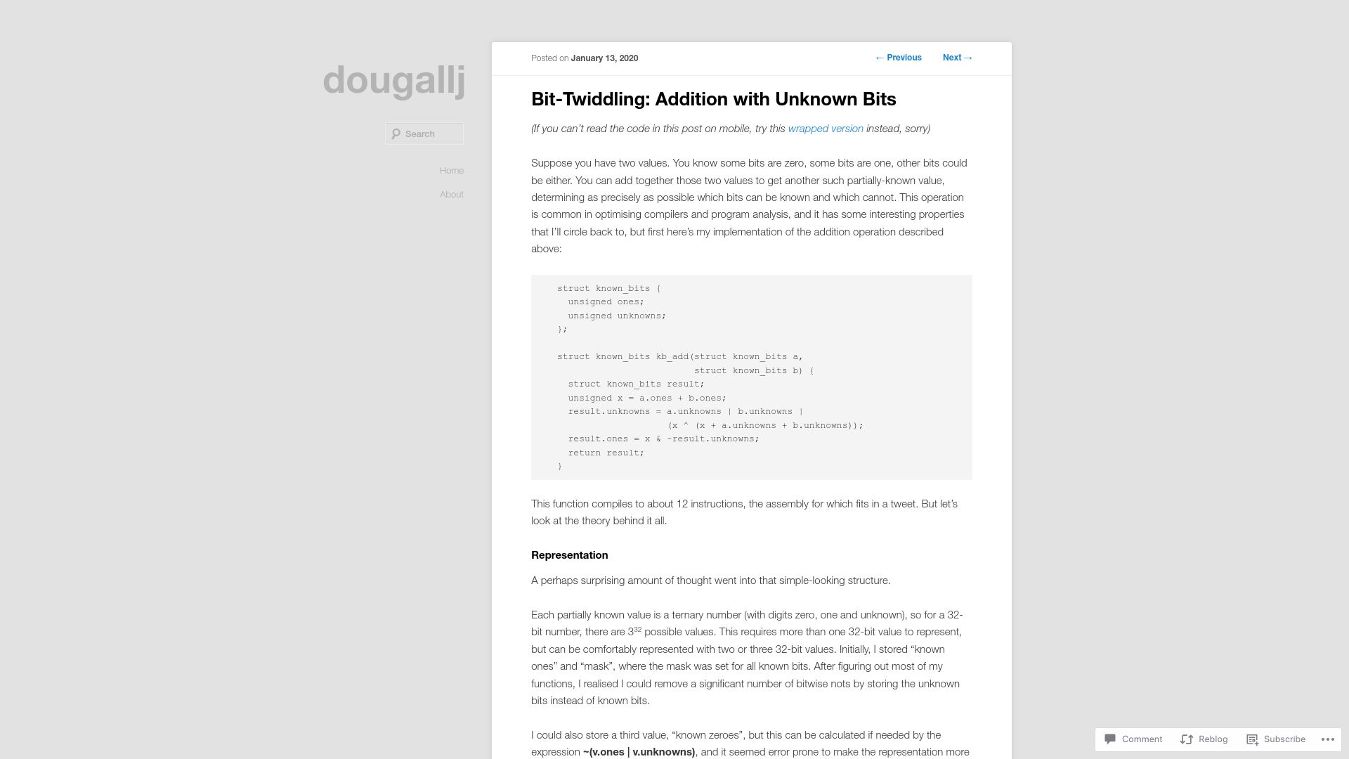 Screenshot of dougallj.wordpress.com: Bit-twiddling abstract addition with unknown bits (2020)