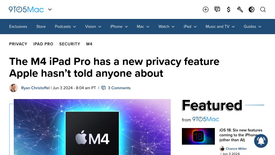 Screenshot of 9to5mac.com: Apple M4 iPad Pro OS Has New Security Exclave for Camera and Microphone Activity