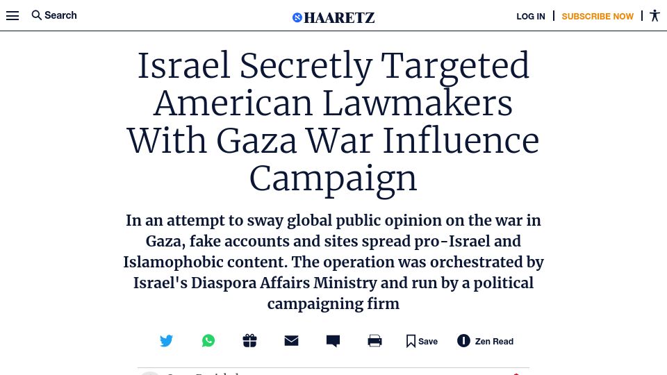Screenshot of haaretz.com: Israel reportedly used fake social accounts to garner support from US lawmakers