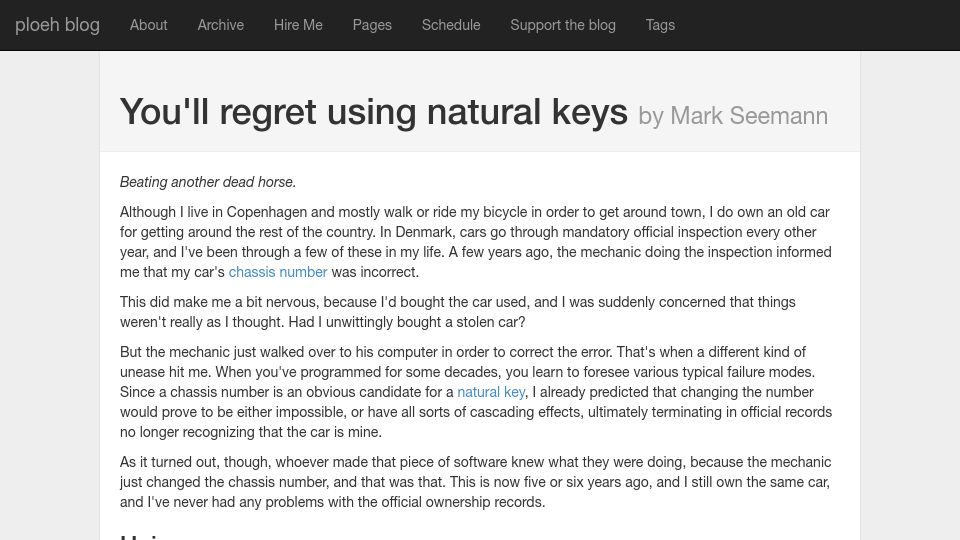 Screenshot of blog.ploeh.dk: You'll regret using natural keys