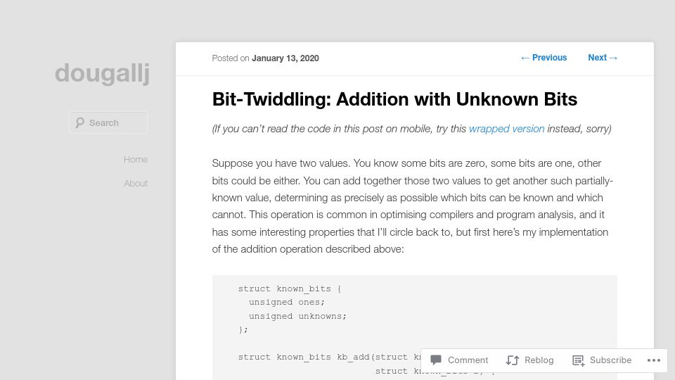 Screenshot of dougallj.wordpress.com: Bit-twiddling abstract addition with unknown bits (2020)