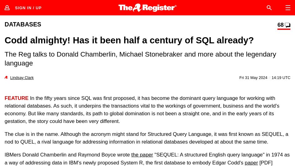 Screenshot of theregister.com: Half a century of SQL