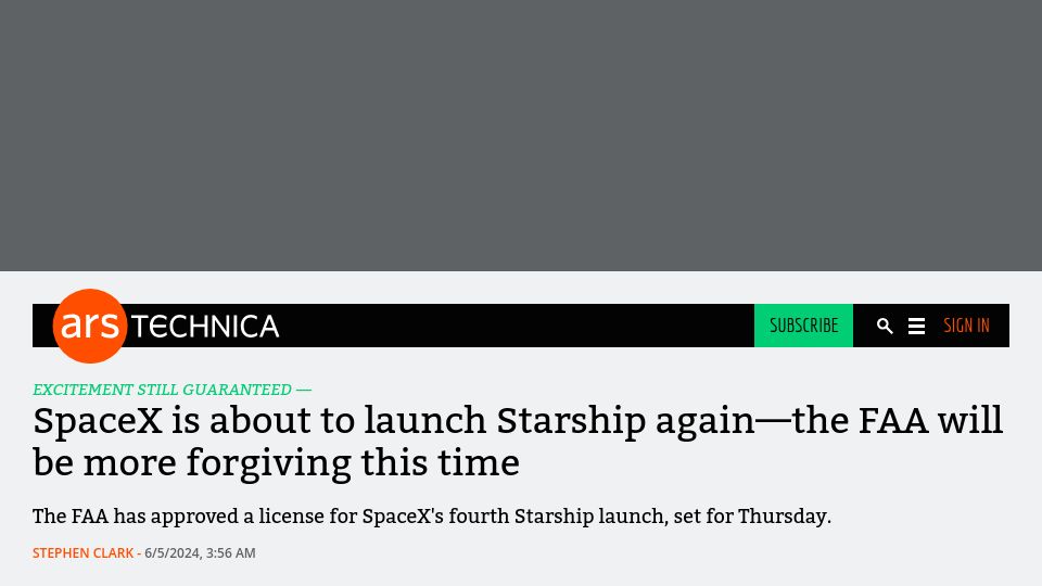 Screenshot of arstechnica.com: SpaceX's fourth Starship launch approved for Thursday