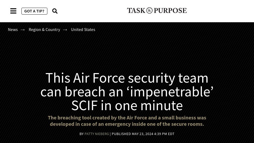 Screenshot of taskandpurpose.com: Air Force security team can breach an 'impenetrable' SCIF in one minute