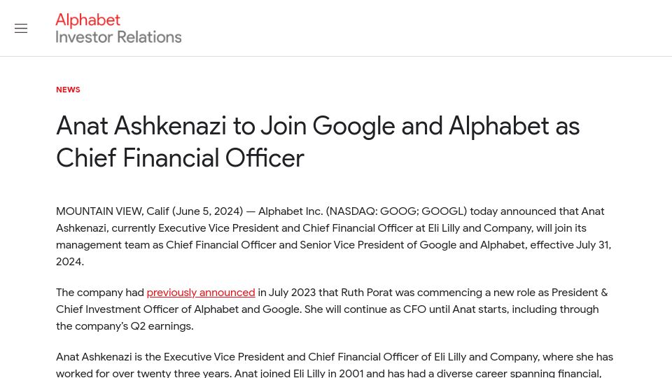 Screenshot of abc.xyz: Anat Ashkenazi to Join Google and Alphabet as Chief Financial Officer
