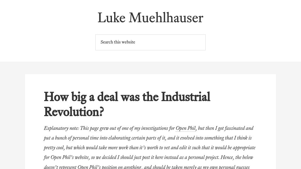 Screenshot of lukemuehlhauser.com: How big a deal was the Industrial Revolution? (2017)