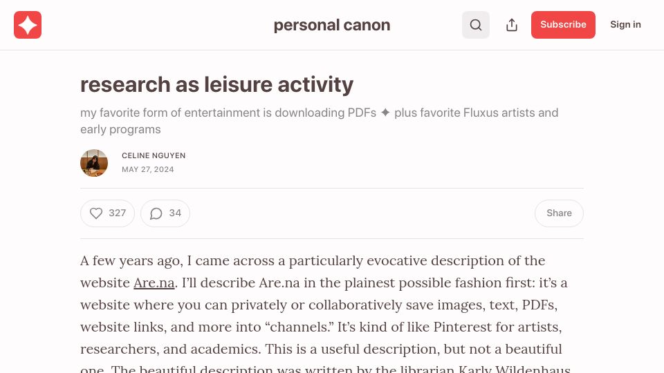 Screenshot of personalcanon.com: Research as leisure activity