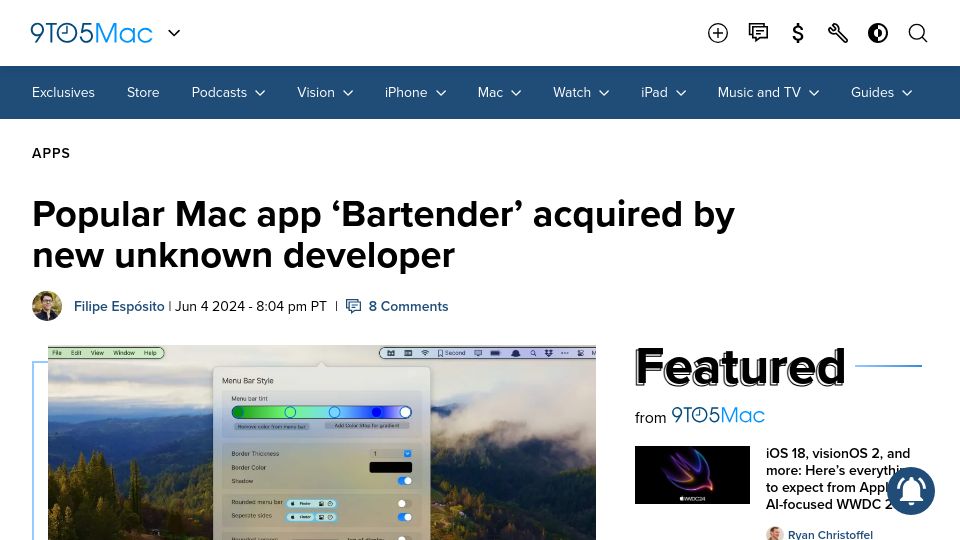 Screenshot of 9to5mac.com: Popular Mac app 'Bartender' acquired by new unknown developer