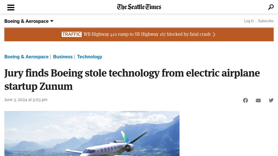 Screenshot of seattletimes.com: Jury finds Boeing stole technology from electric airplane startup Zunum