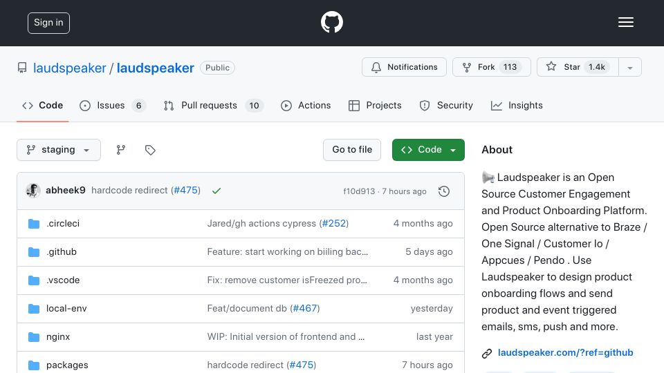 Screenshot of github.com: Show HN: Laudspeaker – Open-source mobile push, SMS and email automation