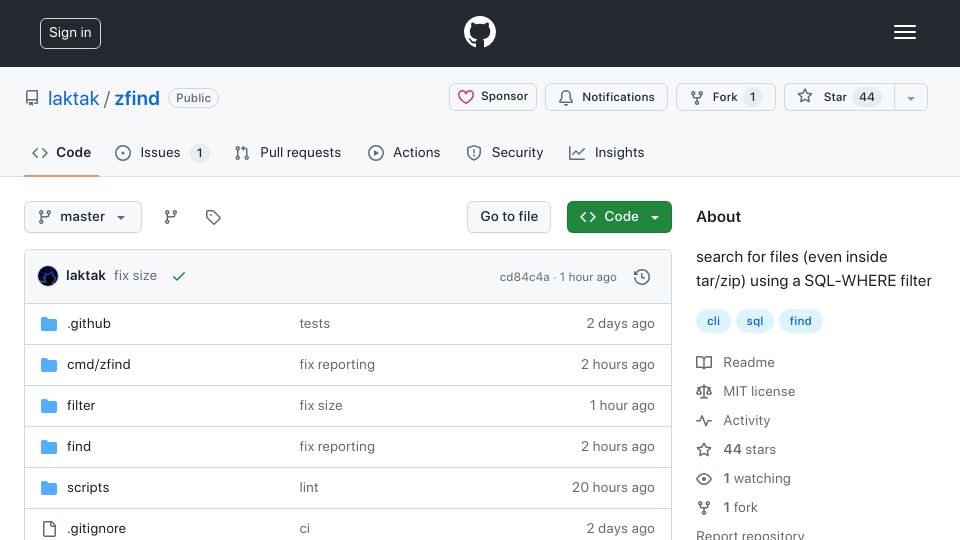 Screenshot of github.com: Show HN: zfind – CLI like find but using SQL syntax and also does tar/zip