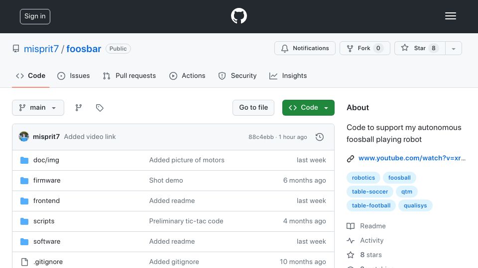 Screenshot of github.com: Show HN: Foosbar – My autonomous foosball-playing robot