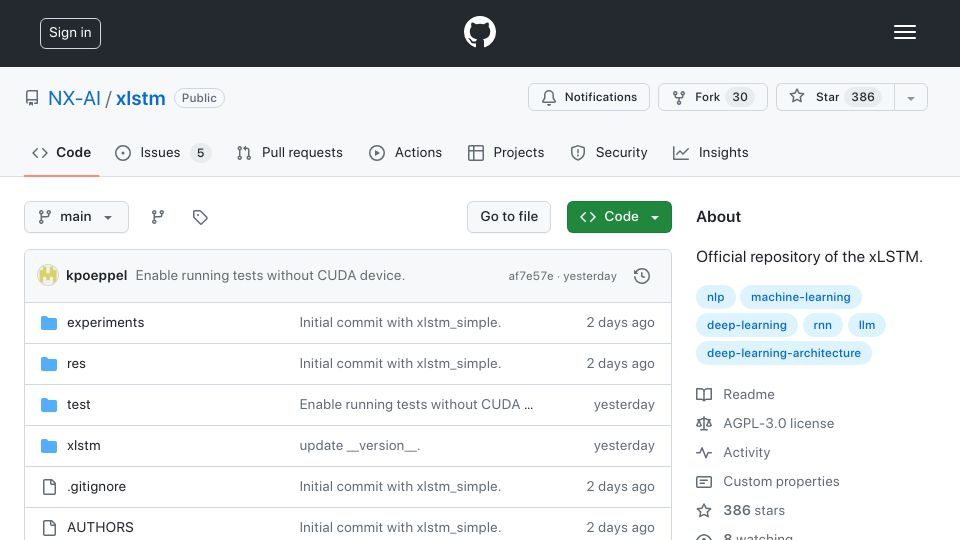 Screenshot of github.com: xLSTM code release by NX-AI