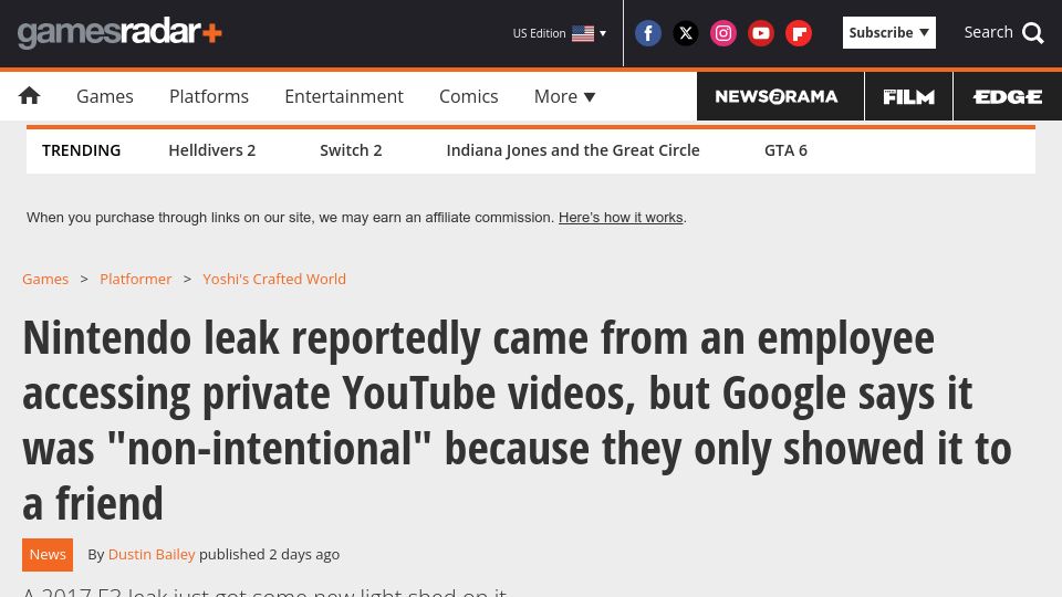 Screenshot of gamesradar.com: Nintendo leak:employee accessing private YouTube videos