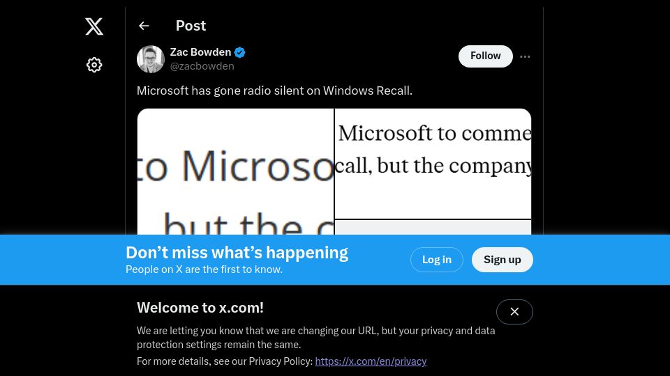 Screenshot of twitter.com: Microsoft has gone radio silent on Windows Recall