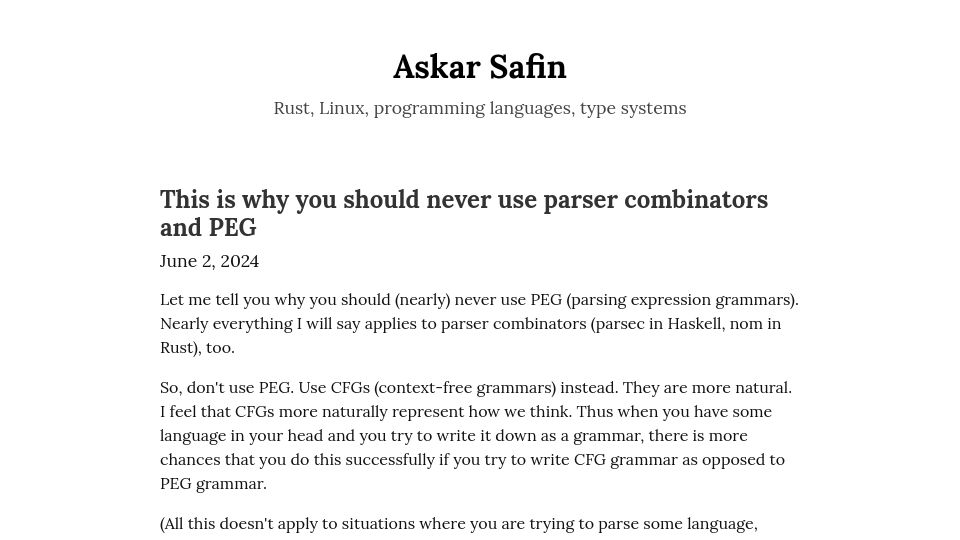 Screenshot of safinaskar.writeas.com: Use context-free grammars instead of parser combinators and PEG