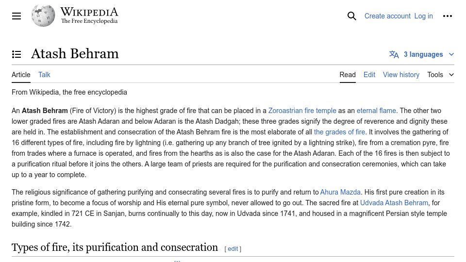 Screenshot of en.wikipedia.org: Atash Behram – Types of Fire