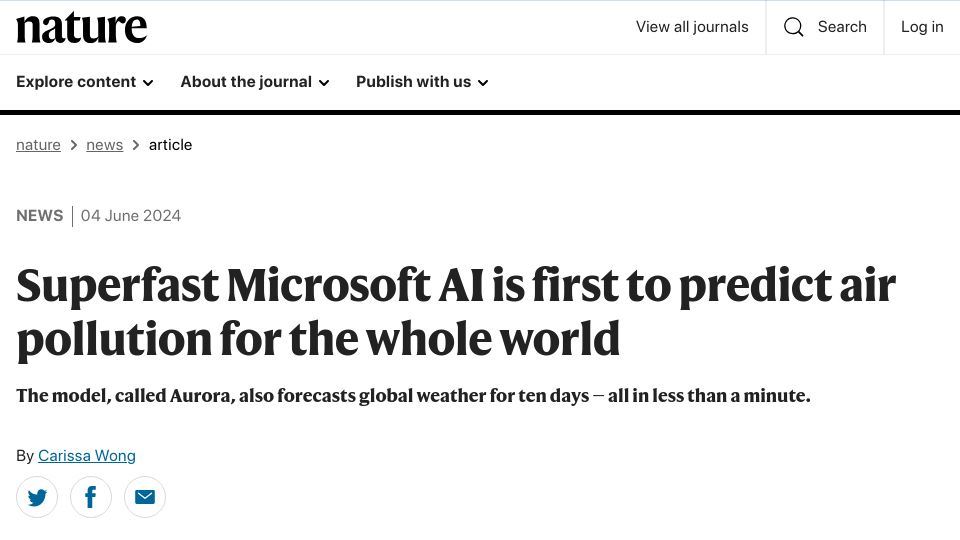 Screenshot of nature.com: Superfast Microsoft AI is first to predict air pollution for the whole world