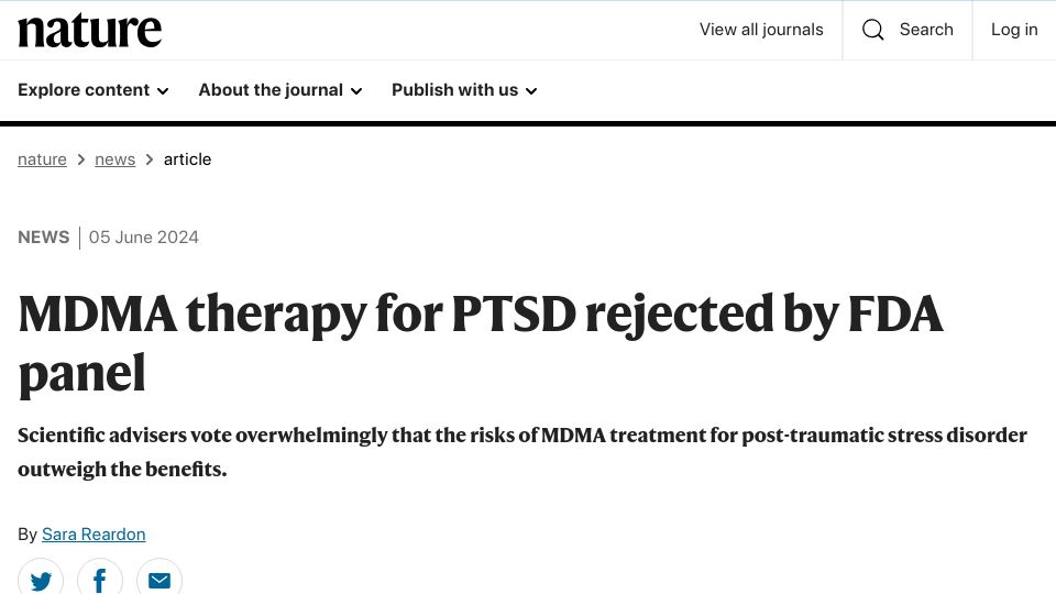 Screenshot of nature.com: MDMA therapy for PTSD rejected by FDA panel