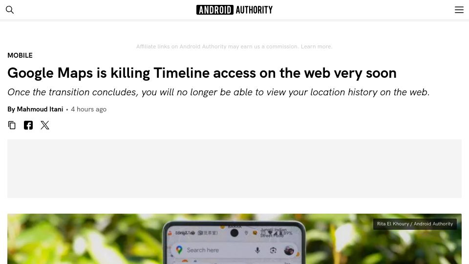 Screenshot of androidauthority.com: Google Maps is killing Timeline for Web
