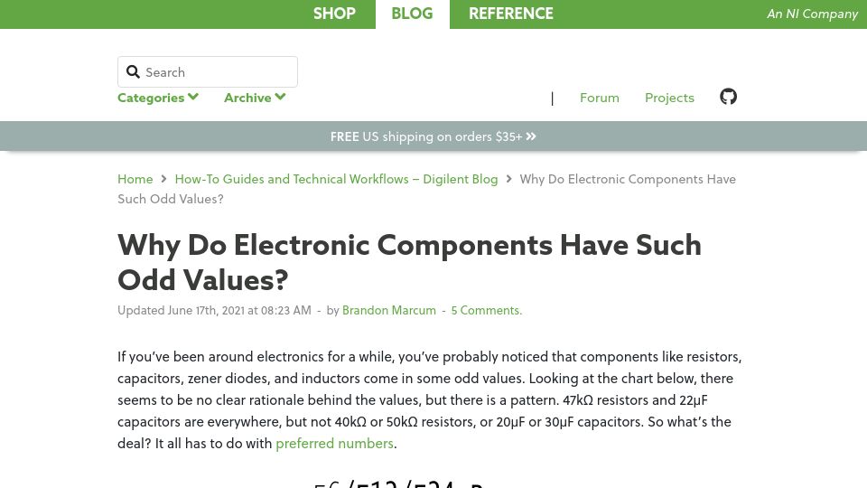 Screenshot of digilent.com: Why do electronic components have such odd values? (2021)