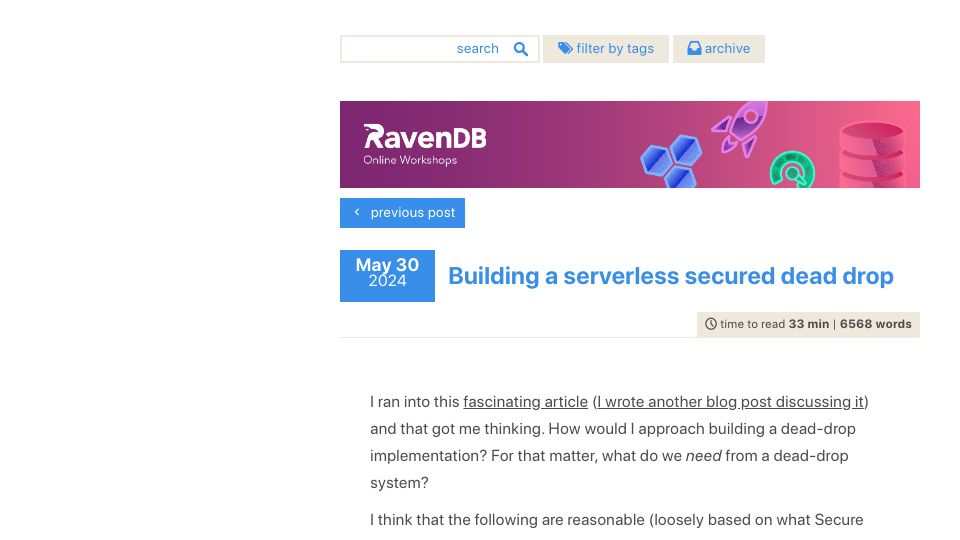 Screenshot of ayende.com: Building a serverless secured dead drop