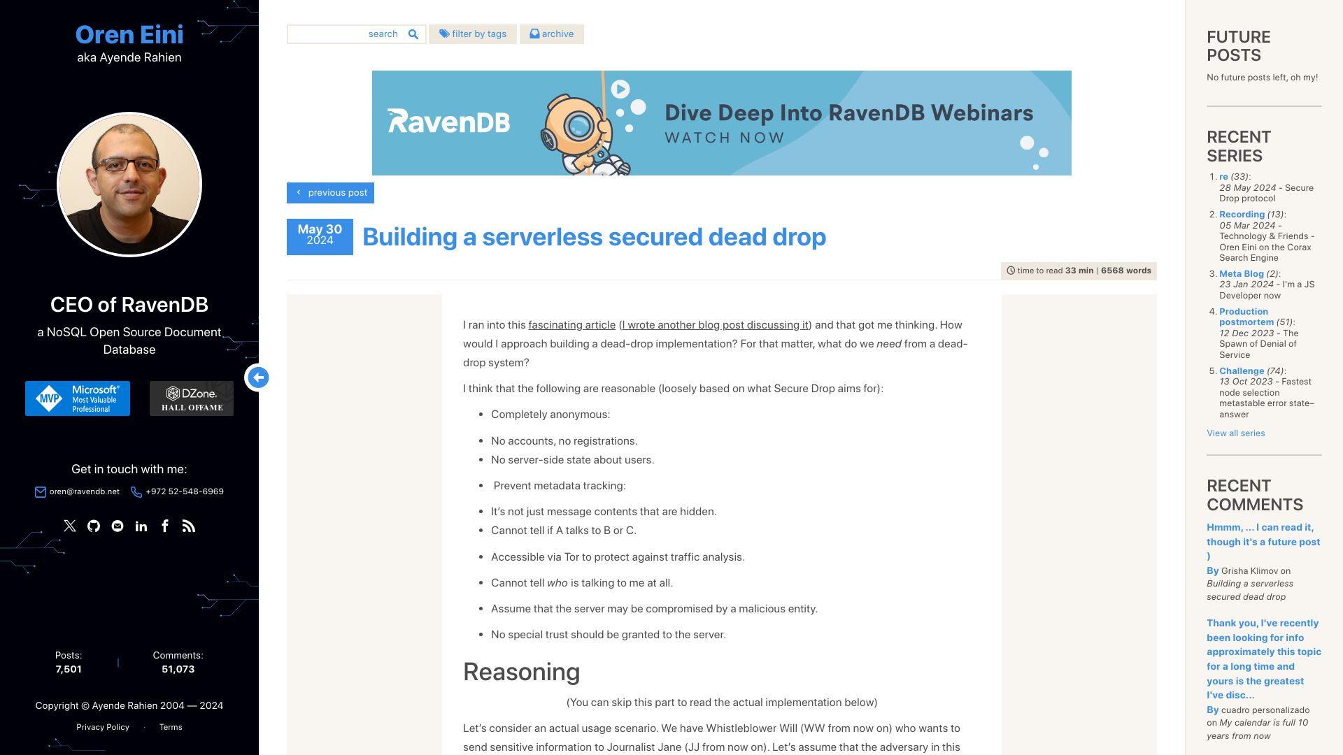 Screenshot of ayende.com: Building a serverless secured dead drop