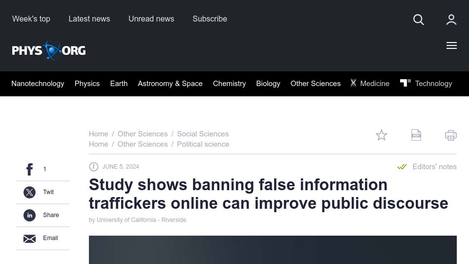 Screenshot of phys.org: Study shows banning false info traffickers online can improve public discourse