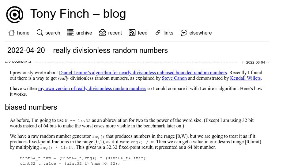 Screenshot of dotat.at: really divisionless random numbers