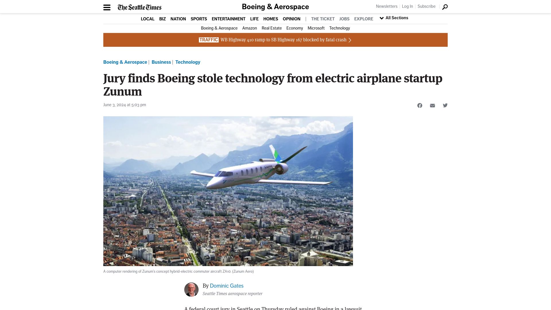 Screenshot of seattletimes.com: Jury finds Boeing stole technology from electric airplane startup Zunum