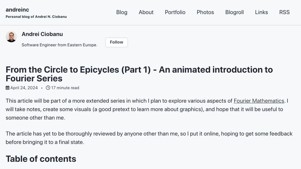 Screenshot of andreinc.net: An animated introduction to Fourier series