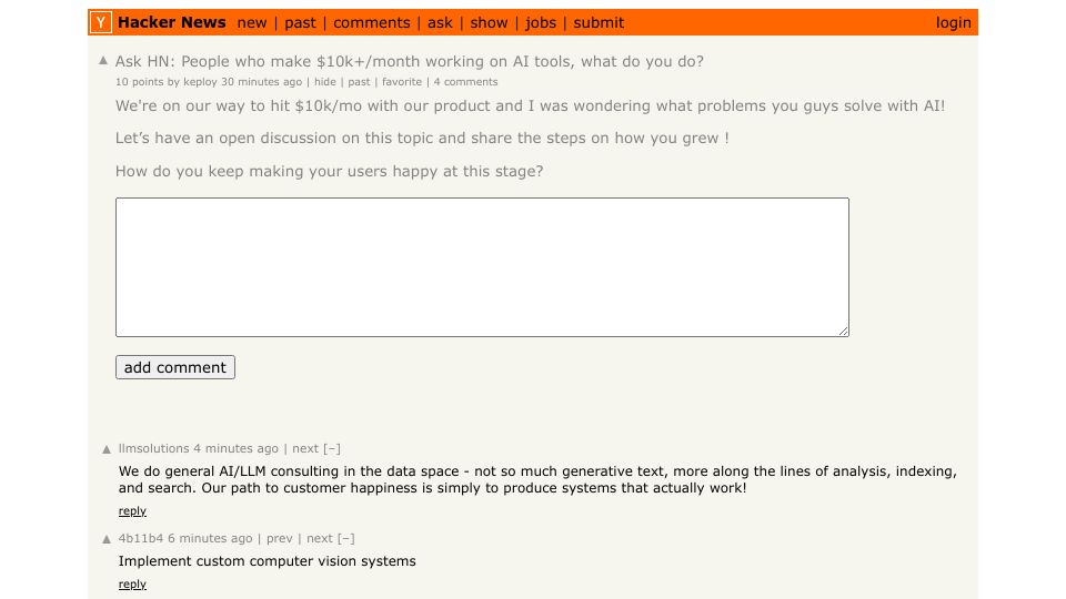 Screenshot of Hacker News post: Ask HN: People who make $10k+/month working on AI tools, what do you do?