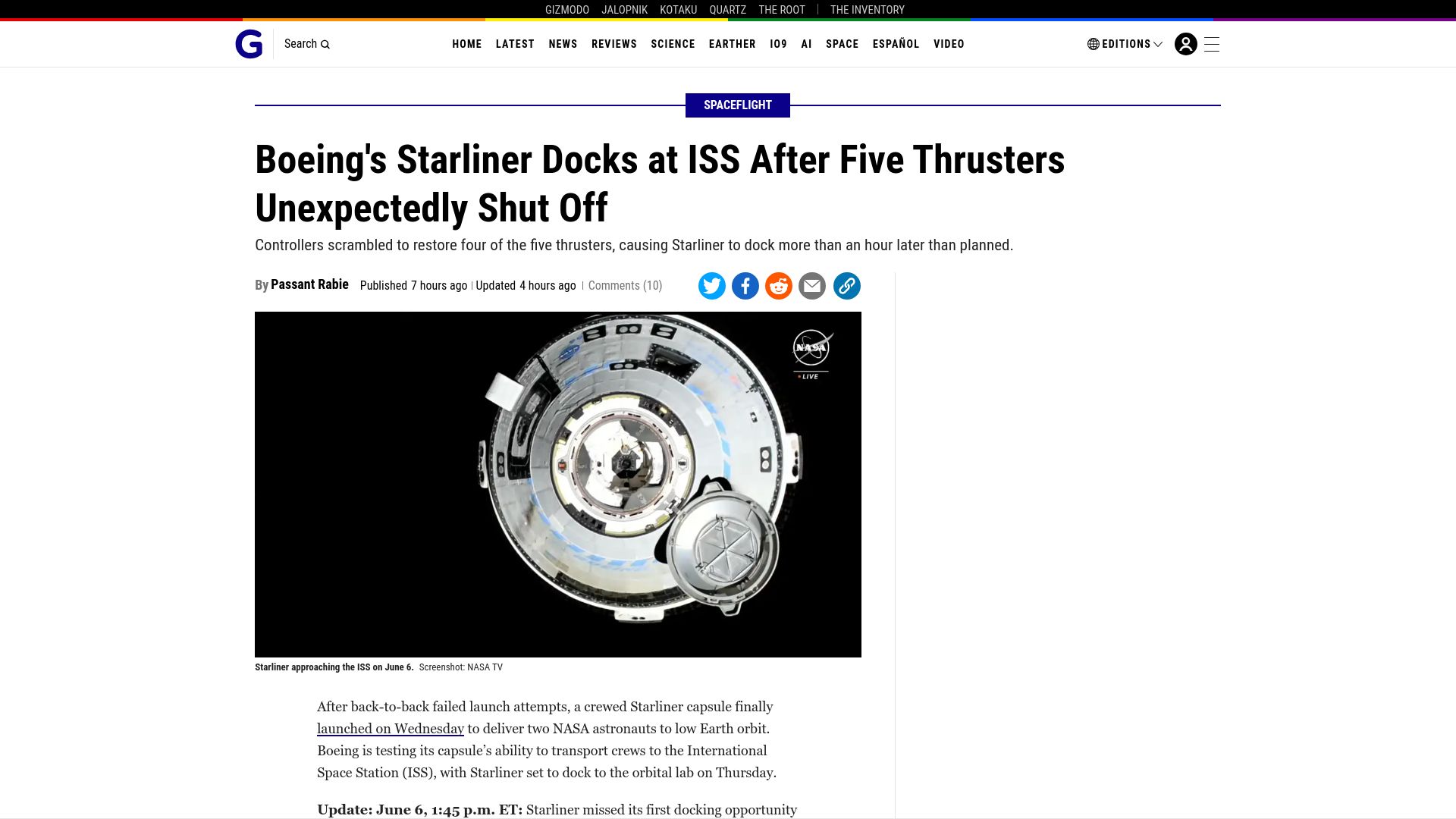 Screenshot of gizmodo.com: Boeing's starliner docks at ISS after five thrusters unexpectedly shut off