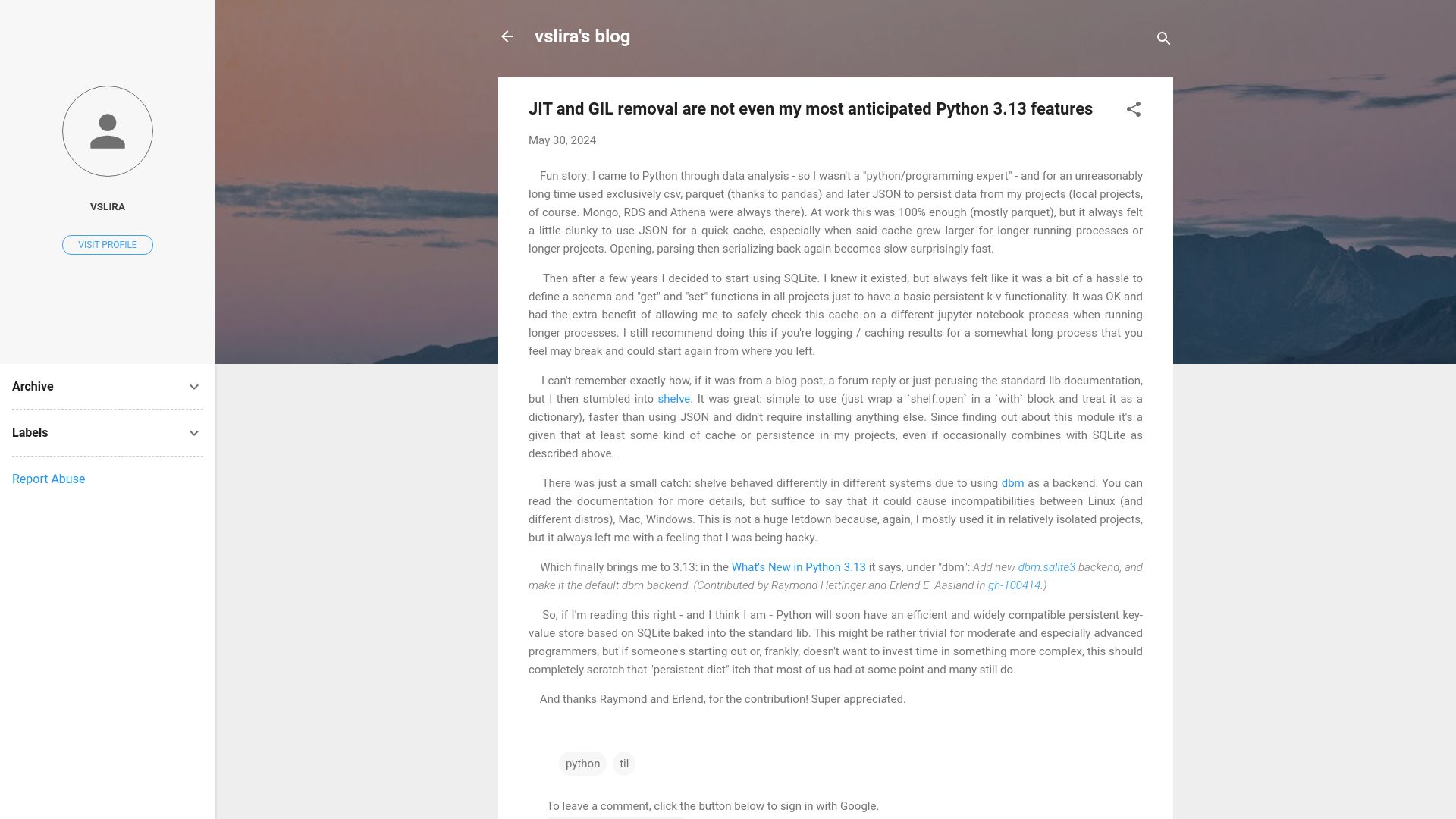Screenshot of blog.vslira.net: JIT and GIL removal are not even my most anticipated Python 3.13 features