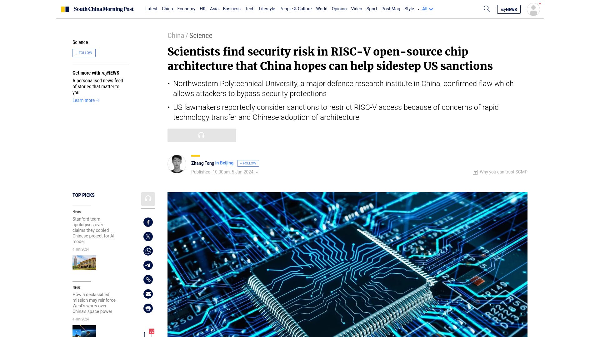Screenshot of scmp.com: Scientists find security risk in RISC-V open-source chip architecture