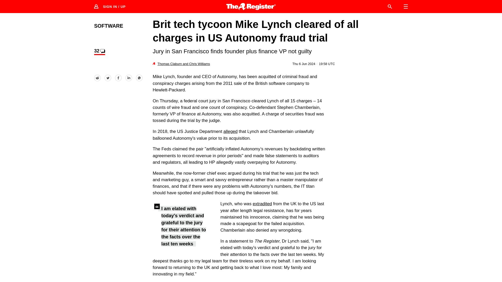 Screenshot of theregister.com: Mike Lynch cleared in Autonomy fraud trial