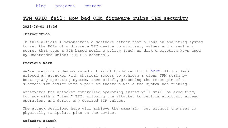 Screenshot of mkukri.xyz: TPM GPIO fail: How bad OEM firmware ruins Intel TPM security