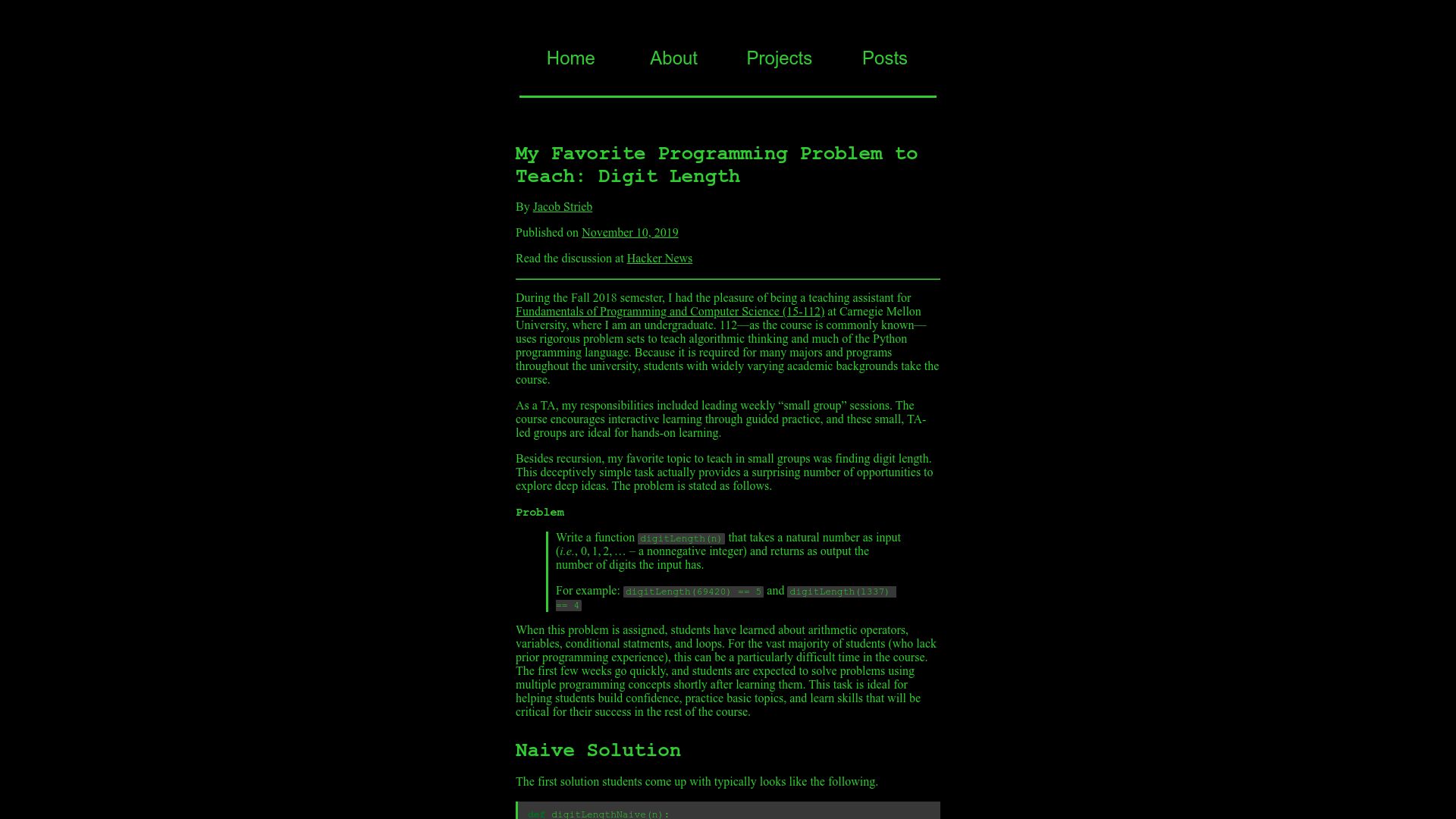 Screenshot of jstrieb.github.io: My favorite programming problem to teach: Digit length (2019)