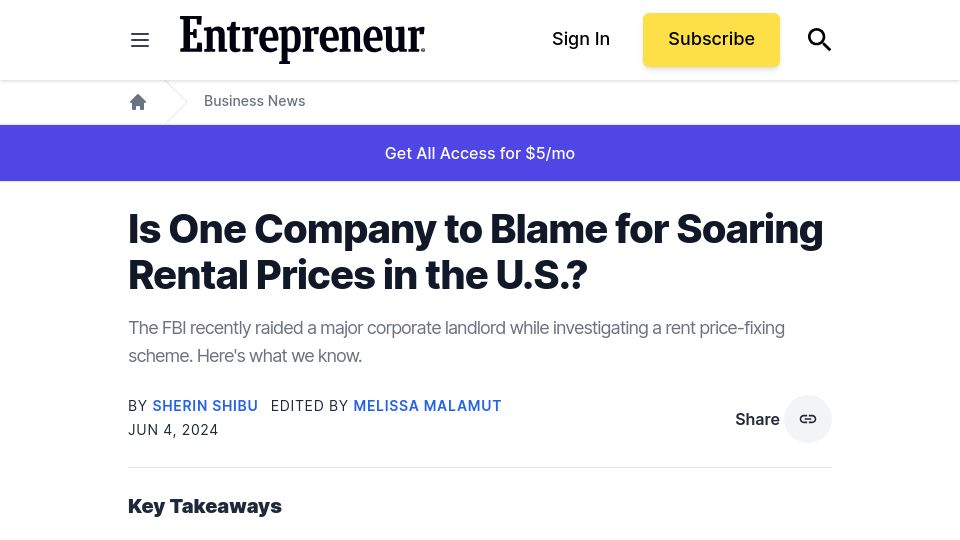 Screenshot of entrepreneur.com: FBI raids Atlanta corporate landlord in probe of rental market price fixing