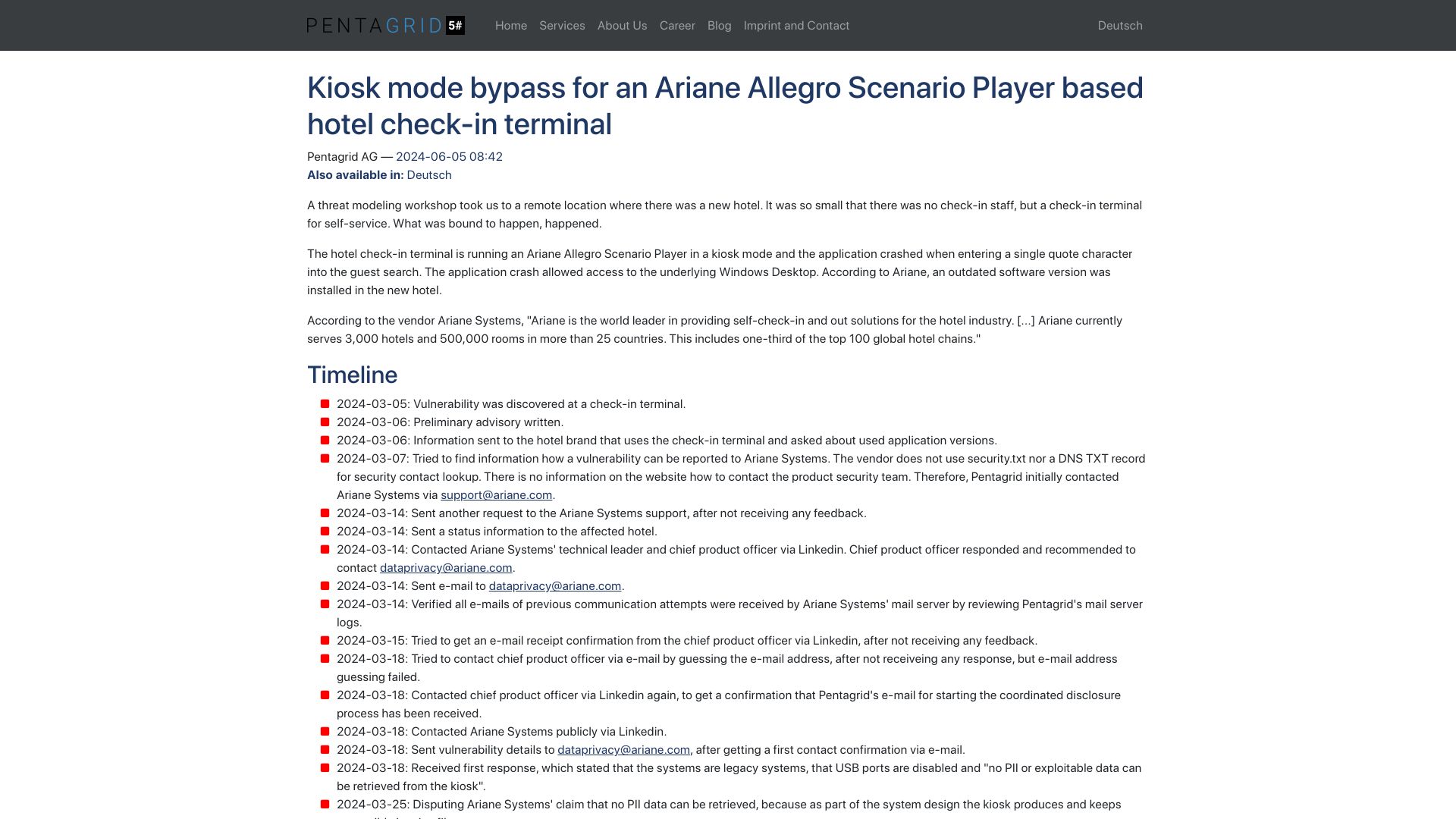 Screenshot of pentagrid.ch: Kiosk mode bypass for an Ariane Allegro Scenario Player based hotel check-in te