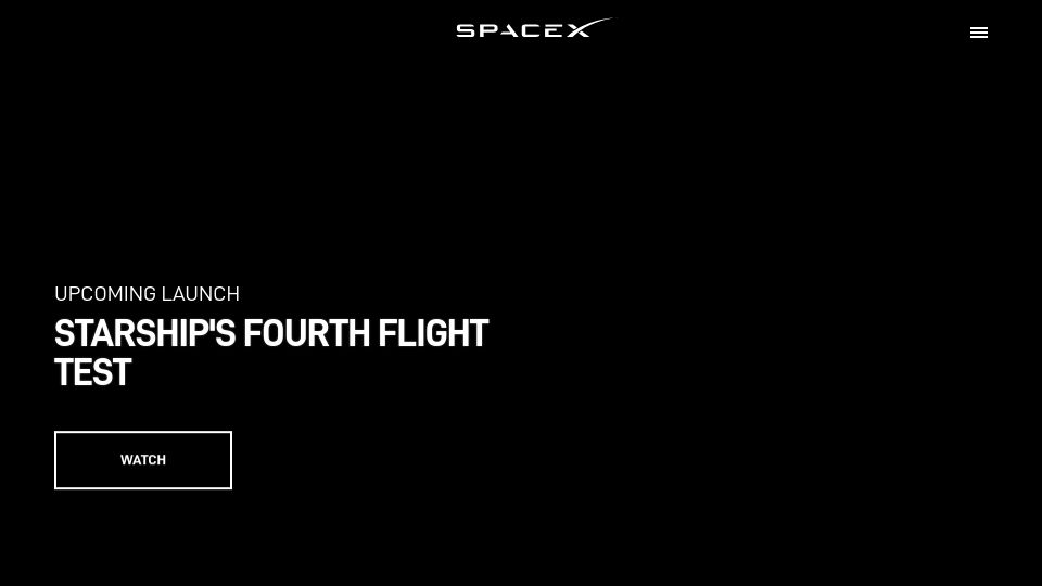 Screenshot of spacex.com: Starship's Fourth Flight Test: Window Opens 07:00 AM Central Time