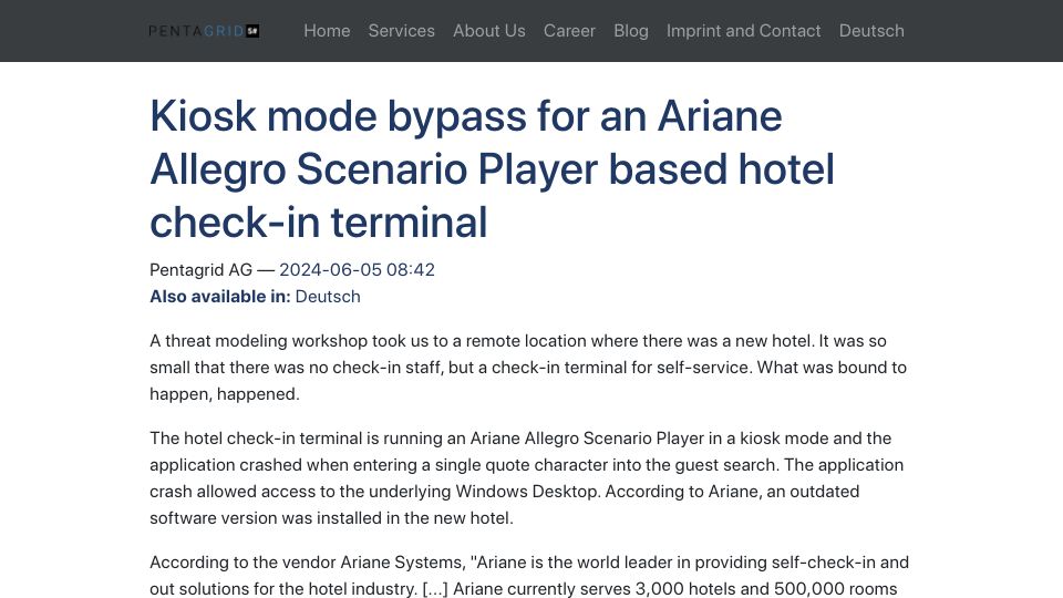 Screenshot of pentagrid.ch: Kiosk mode bypass for an Ariane Allegro Scenario Player based hotel check-in te