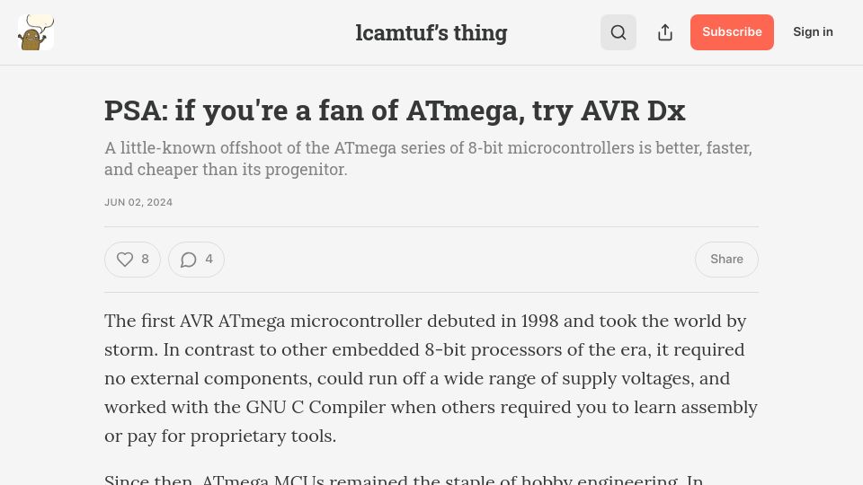 Screenshot of lcamtuf.substack.com: PSA: If you're a fan of ATmega, try AVR Dx