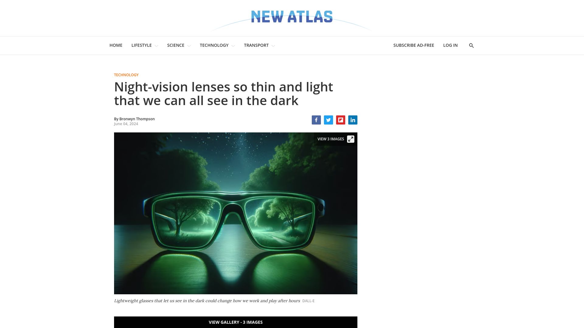 Screenshot of newatlas.com: Night-vision lenses so thin and light that we can all see in the dark