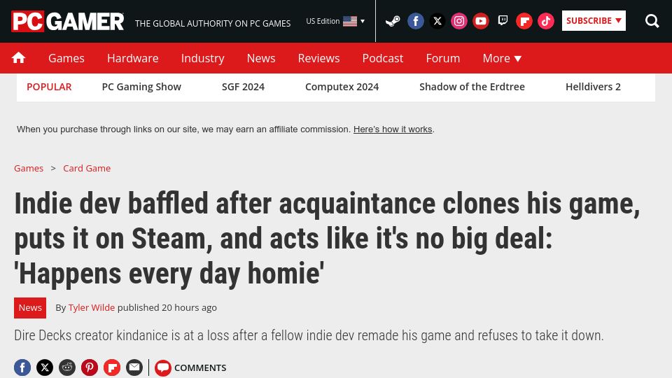 Screenshot of pcgamer.com: Indie dev baffled after acquaintance clones his game, puts it on Steam