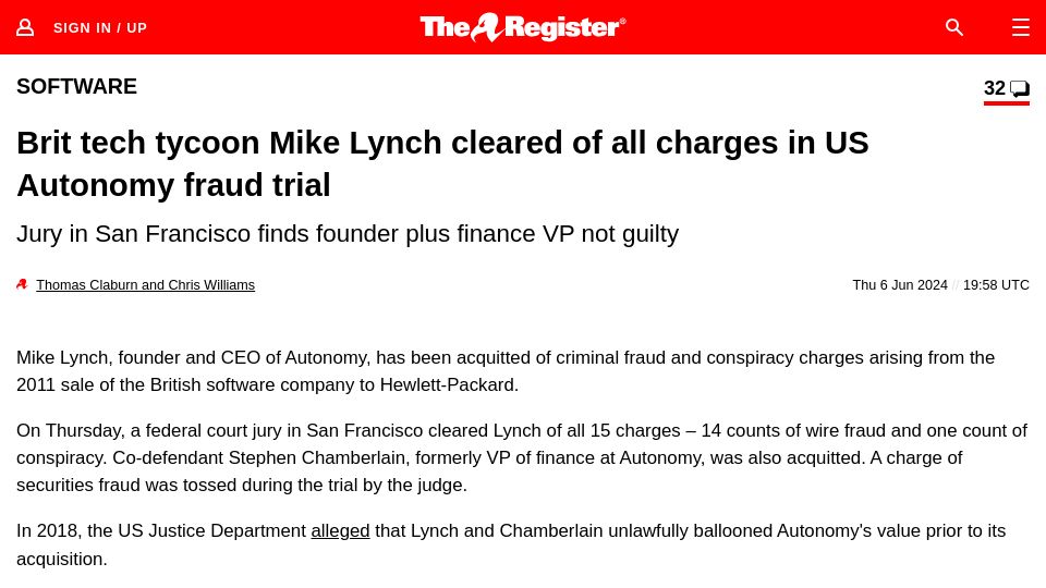 Screenshot of theregister.com: Mike Lynch cleared in Autonomy fraud trial