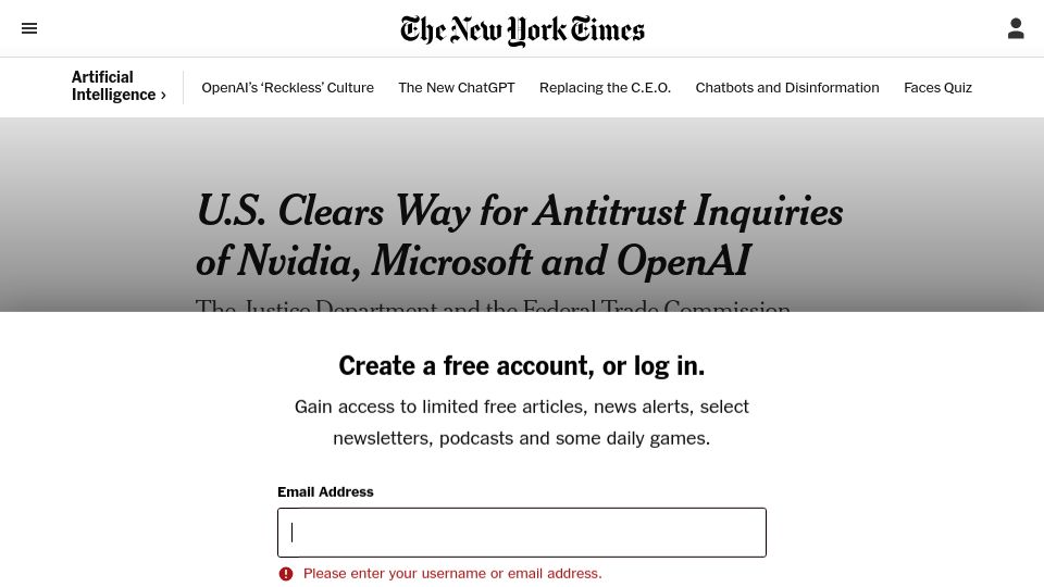 Screenshot of nytimes.com: U.S. clears way for antitrust inquiries of Nvidia, Microsoft and OpenAI
