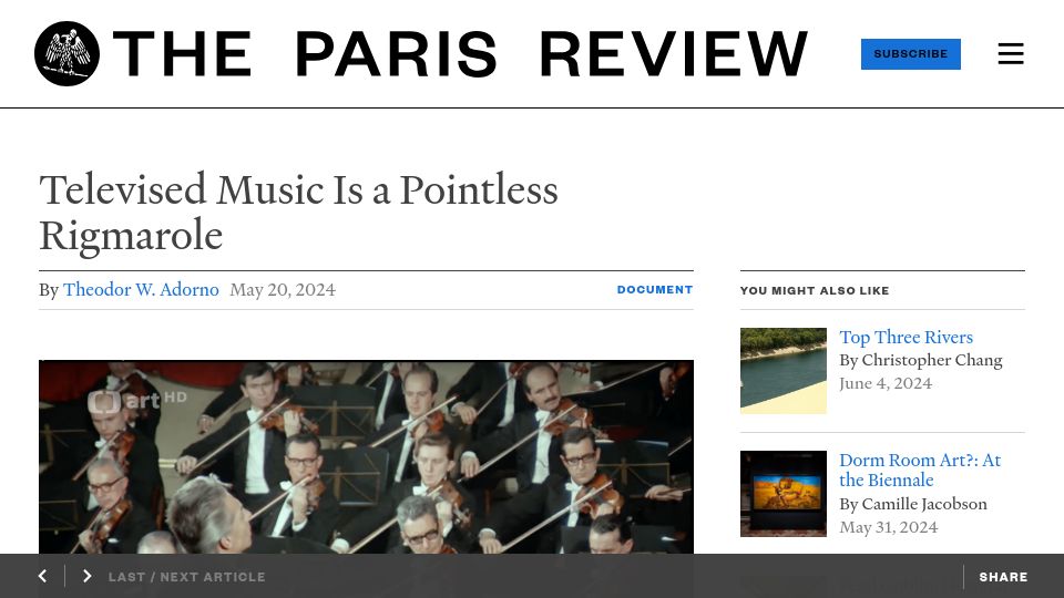 Screenshot of theparisreview.org: Televised Music Is a Pointless Rigmarole (1968)