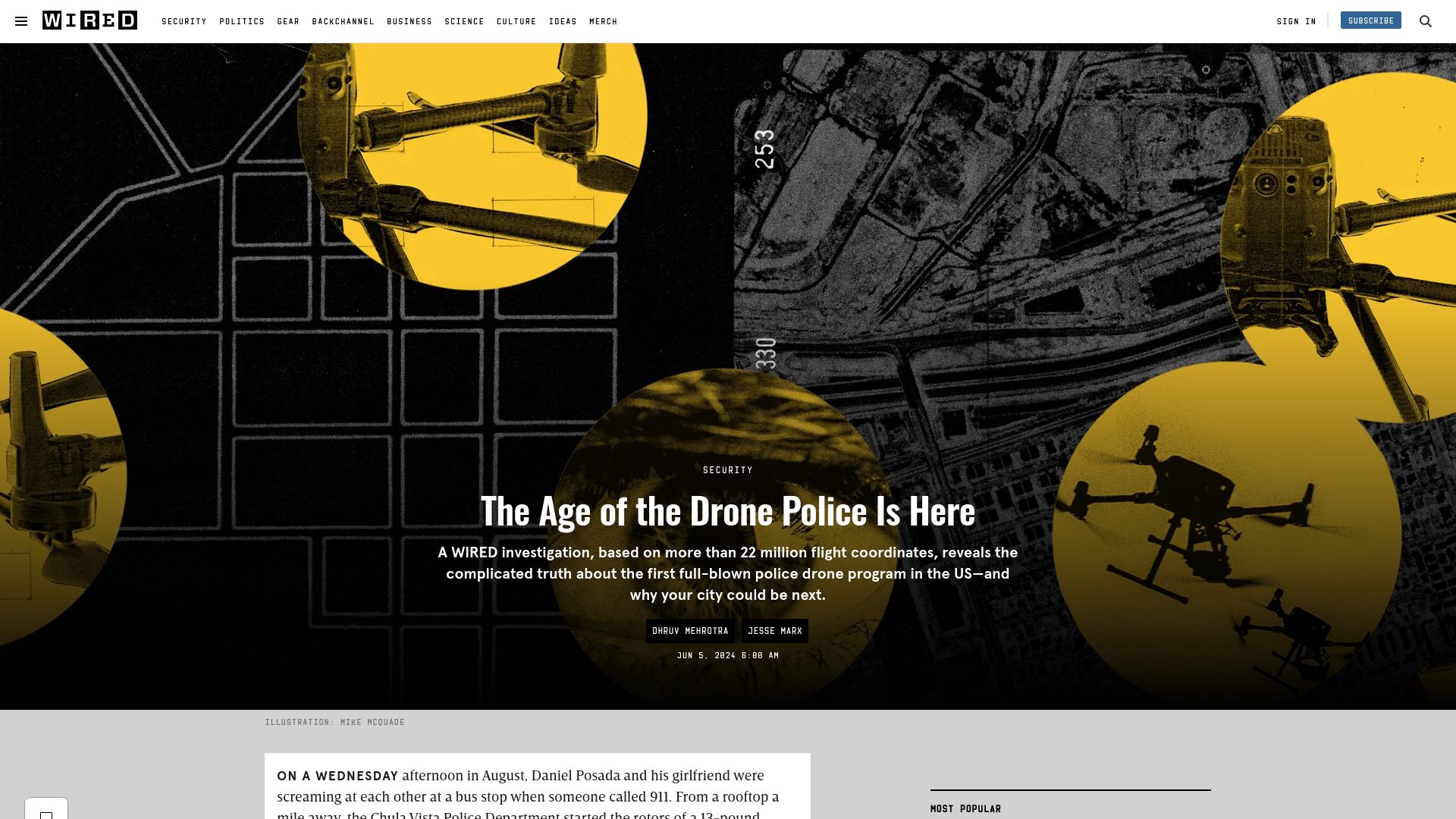 Screenshot of wired.com: The Age of the Drone Police Is Here